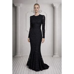 🖤 Elegant Black Lace Long Sleeve Evening Dress – Dramatic Mermaid Silhouette 🖤